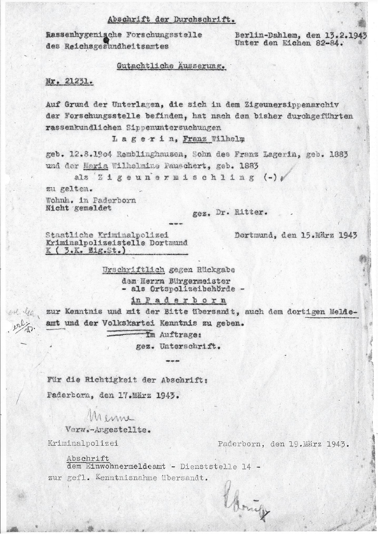 Scan eines historischen Dokuments: „Gutachtliche Äußerung“ aus dem Jahr 1943.