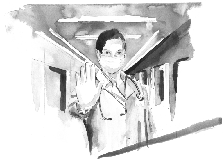 Illustration „Ärztin“ von Birgit Kloppenburg in Aquarell. Eine Ärztin mit Corona-Maske und Stethoskop signalisiert mit ihrer Hand „Stop“.