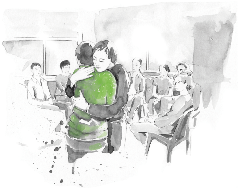 Illustration „Trauergruppe“ von Birgit Kloppenburg in Aquarell. Ein Stuhlkreis, in dessen Mitte sich zwei Personen umarmen.